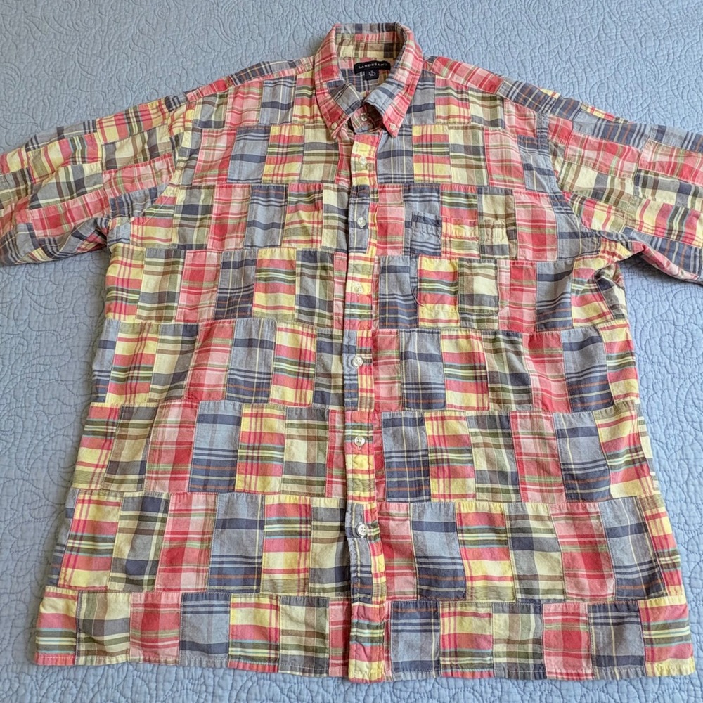 Lands End Mens XL Patchwork Madras Plaid Short Sleeve Button Down Shirt Cotton